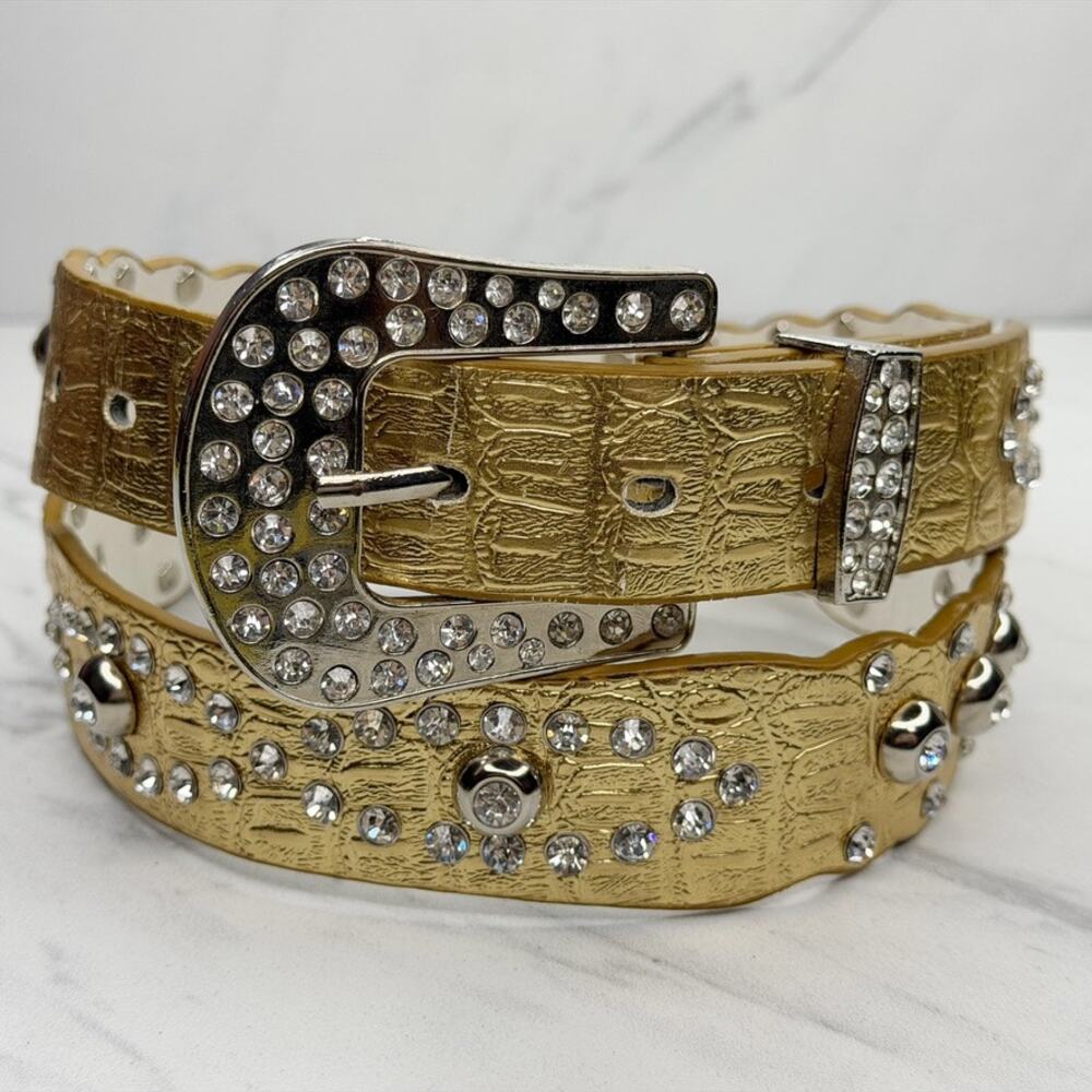 Womens Gold Metallic Rhinestone Studded Western Belt Croc Medium (M) ✨
